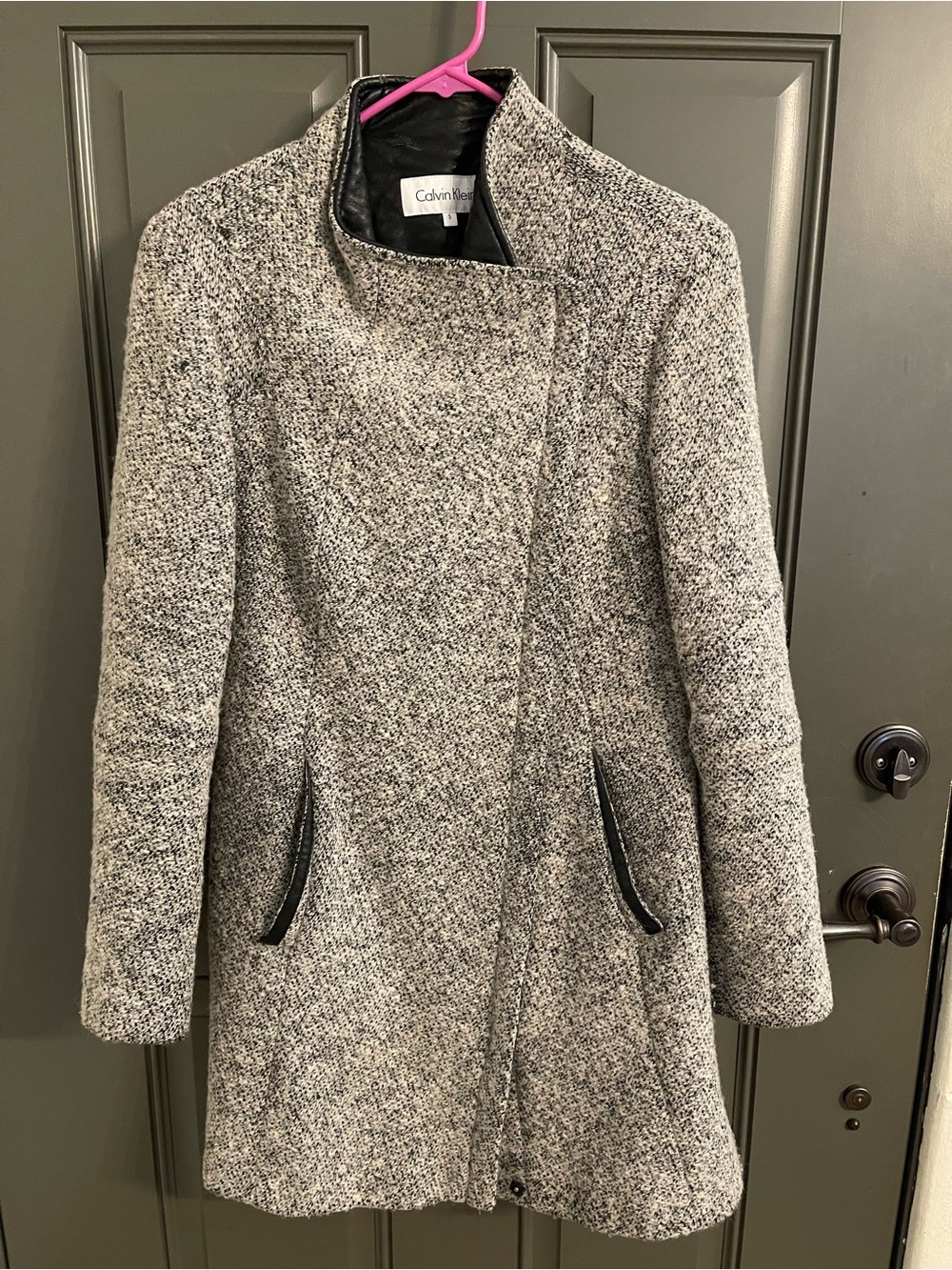 Calvin Klein Gray Tweed Asymmetric Peacoat with Black Trim